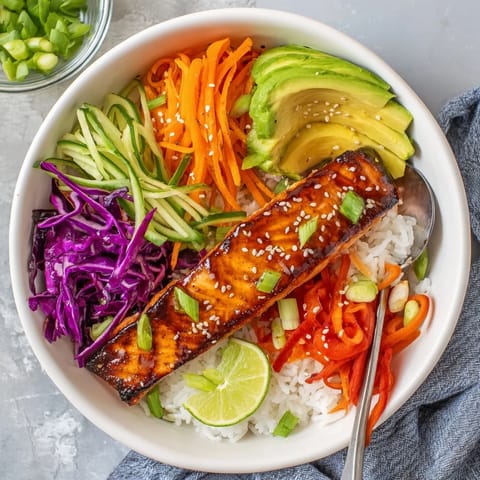 Glazed salmon drizzled in soy-maple sauce atop a colorful vegetable rice bowl.  