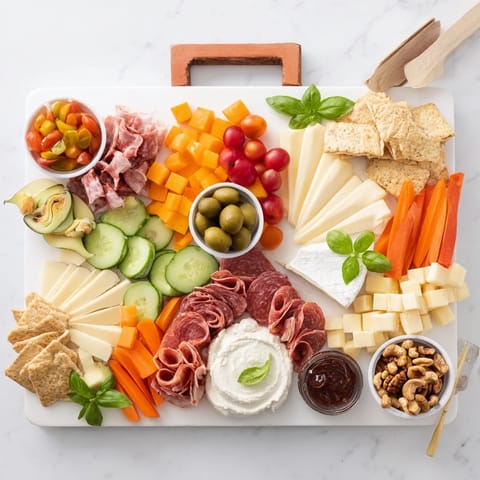Eye-catching Girl Dinner Platter filled with dips, vibrant veggies, and savory cheeses.  