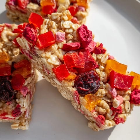 Homemade gummies and freeze-dried candy mash-up in wholesome oat snack bars.  