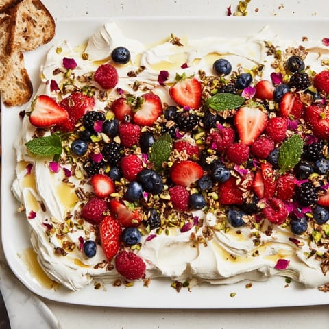 Whipped cream cheese on a platter, adorned with fruits and sweet surprises.  