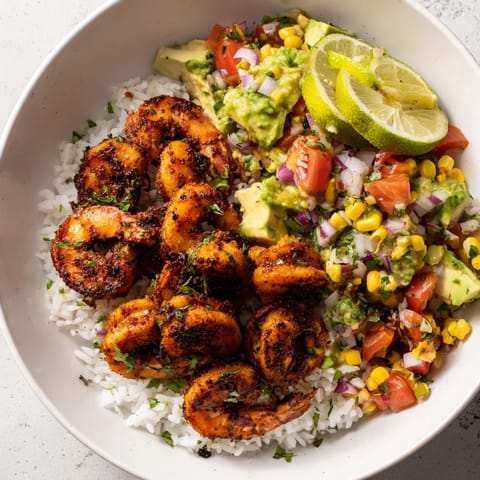 Delicious blackened shrimp on rice, topped with zesty avocado corn salsa.  