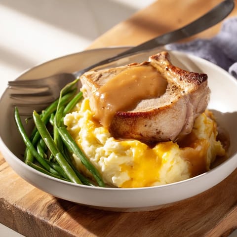 Delicious pork chops & cheddar mash bowl garnished with crisp green beans.  