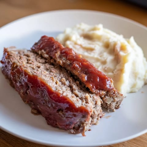 Hearty Classic meatloaf and mashed potatoes, a comforting American dinner with a shiny, glazed meatloaf.