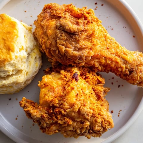 Crispy skin on Southern Fried Chicken contrasted by soft buttermilk biscuits, a Southern classic ready to eat.