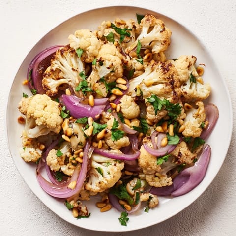Golden, caramelized roasted cauliflower salad drizzled with a bright lemon pine-nut dressing.