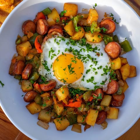 Hearty Egg & Potato Hash with Hot Dogs: a close-up shows fluffy eggs atop a skillet of savory goodness.