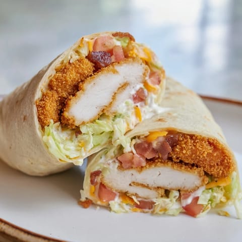 A close-up of a perfectly constructed chicken bacon ranch wrap, overflowing with savory fillings.