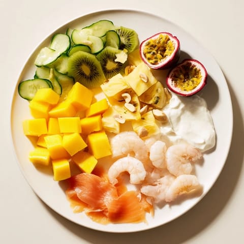 This impressive Tropical Wave Tasting Platter features beautifully arranged seafood, fruit, and dips for summer eating.