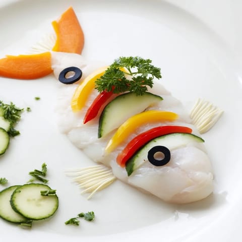 Glistening, baked Light Fish-Shaped Meal, showcasing a white fish fillet designed with cucumber fin detail.
