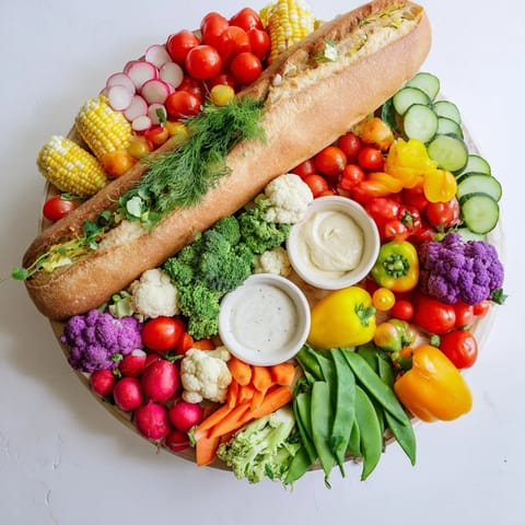 Bright red tomatoes and green snap peas tumble from the bread horn in the cornucopia veggie board.