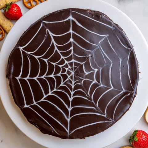 Rich and creamy Spiderweb Chocolate Ganache Board served with fresh fruit and cookies for dipping.