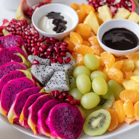 A beautiful dragon scales fruit and dip board featuring layers of colorful, refreshing summer fruits and dips.