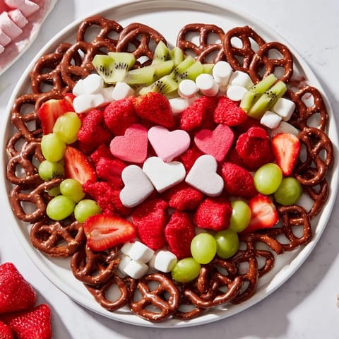 The Grinch's Heart Pretzel Board: A colorful, festive snack board with pretzels, fruits and candies.