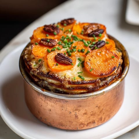 Warm Copper Penny Warmth: Layers of roasted sweet potatoes, carrots, and melted cheddar entice.