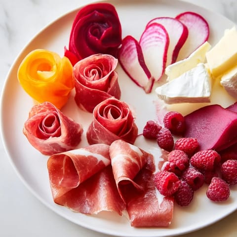 A stunning Pink Petal Watercolor Wash with prosciutto roses and layers of colorful radish slices.