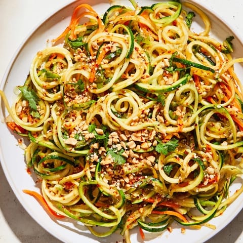 Zesty spicy cucumber noodles coated in chili sauce, garnished with scallions and peanuts, delicious!