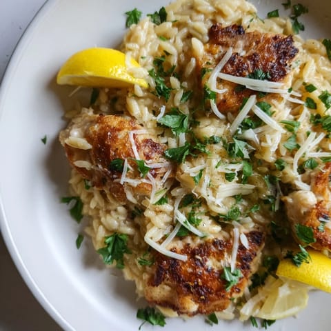A close-up of the finished Creamy Lemon Chicken Orzo, showcasing its rich, creamy sauce.