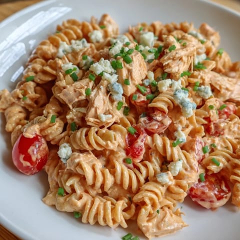 Creamy buffalo chicken pasta salad loaded with crunchy celery, bell peppers, and tomatoes, served cold.