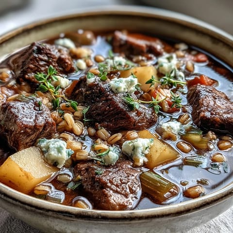 Hearty Vegetable Beef, Barley, and Mushroom Soup with tender beef cubes and sliced carrots.