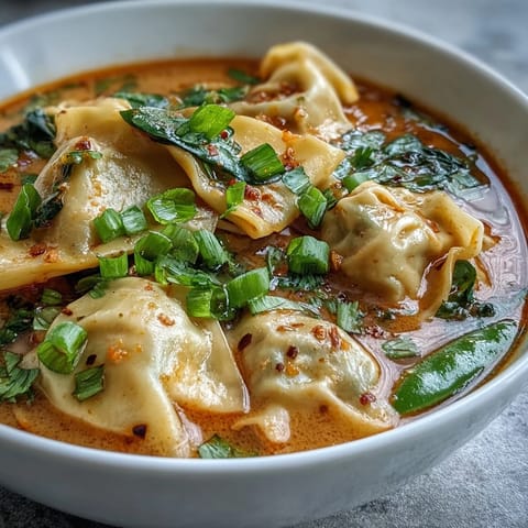 Creamy red curry wonton soup with tender greens and fresh lime garnish.
