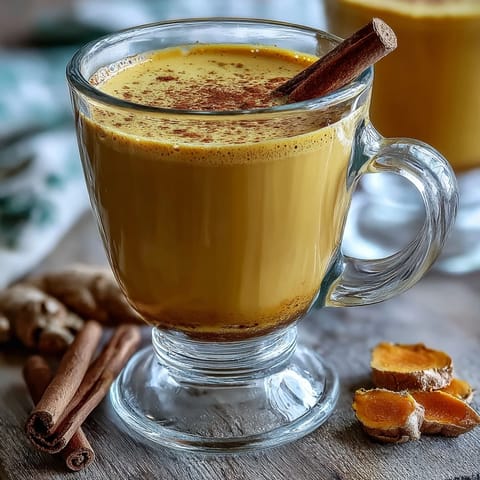 Creamy turmeric and ginger golden milk served warm in a clear glass mug, garnished with ground spices on a wood table.