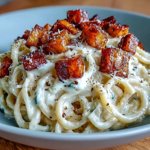 Golden-brown crispy pancetta and creamy egg sauce coat tender spiralized celeriac noodles in this hearty low-carb Celeriac Carbonara.