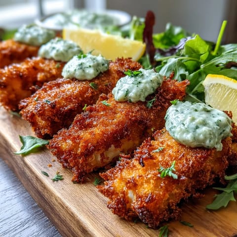 A close-up view of crunchy Parmesan-crusted haddock goujons paired with a creamy pea pesto dip.  