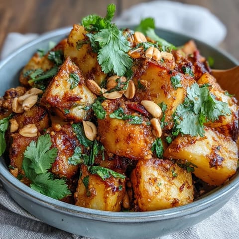 Golden-brown roasted celeriac cubes simmer in a creamy coconut curry sauce, garnished with fresh cilantro and cashews.