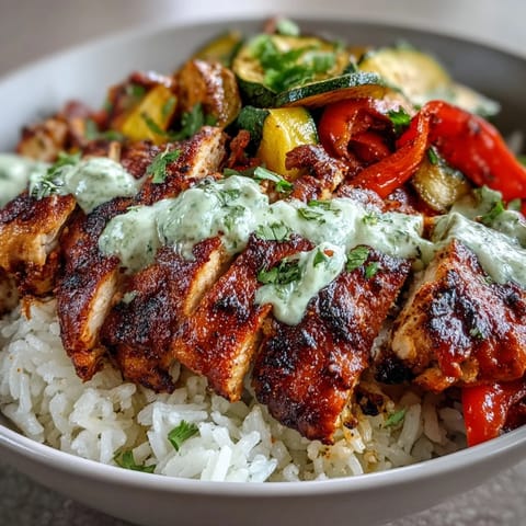 Serving suggestion for Blackened Chicken Bowl, featuring fluffy white rice topped with blackened chicken, vibrant veggies, and fresh cilantro garnish beside lime wedges.