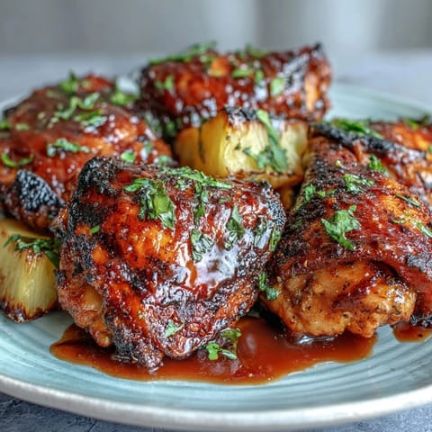 Savory Guava BBQ Sauce Chicken served alongside grilled pineapple rings and fluffy white rice for a tropical meal.