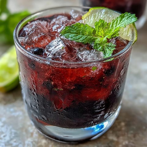 A close-up of a homemade Black Currant Mojito cocktail showing muddled mint, tangy juice, and bubbly club soda over ice, perfect for a refreshing summer drink.