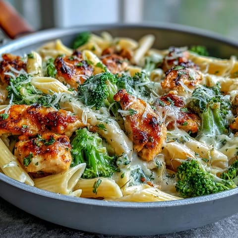 Creamy Garlic Parmesan Broccoli & Chicken Pasta in a skillet with tender chicken, bright broccoli florets, and rich, cheesy sauce.