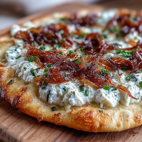 Fresh-baked Goat Cheese & Caramelized Onion Flatbread topped with golden onions and glistening honey drizzle.