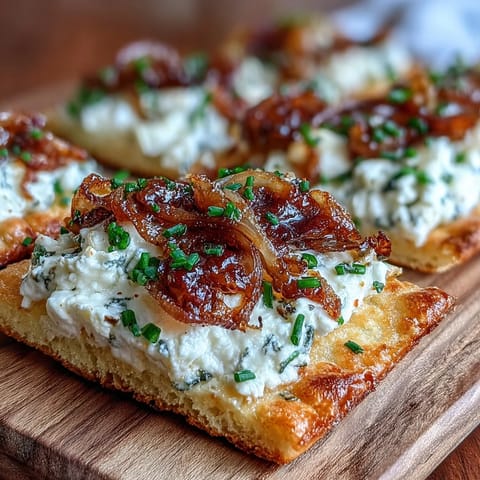 Warm Goat Cheese & Caramelized Onion Flatbread slice with creamy cheese spread and fresh thyme garnish.