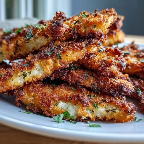 Golden Crispy Baked Chicken Parmesan Fries are stacked high, ready for dipping into rich marinara sauce.