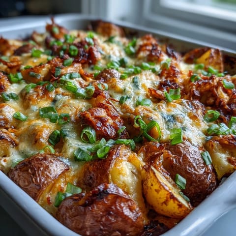 Juicy chicken nestled among roasted potatoes in a spicy Buffalo Ranch casserole, garnished with fresh chives.