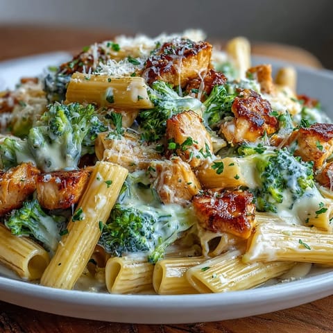 Steam rises from tender chicken and bright green broccoli florets in the creamy pasta.