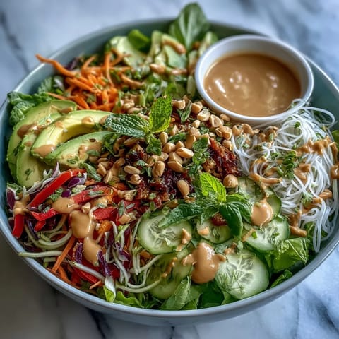Crisp Vegan Spring Roll Salad with creamy peanut dressing features red cabbage, carrots, and fresh herbs in a vibrant bowl.