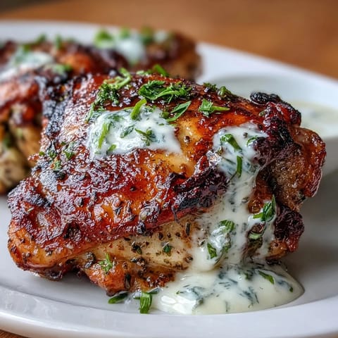 Golden zaatar tahini chicken thighs, crispy-skinned and drizzled with creamy sesame-garlic sauce, served with fresh parsley and lemon wedges.  