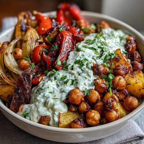 A colorful bowl of roasted Mediterranean vegetables and chickpeas served over creamy tzatziki sauce.  