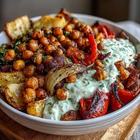 Golden roasted potatoes, bell peppers, and chickpeas in a vibrant, healthy Mediterranean vegetable bowl.  