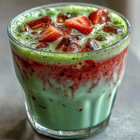 Vibrant strawberry matcha iced latte with oat milk, featuring sweet berry puree and earthy green tea in creamy layers.