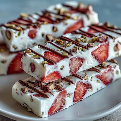Valentine Strawberry Yogurt Bark with Pistachios: a vibrant, frozen dessert featuring creamy yogurt, juicy red strawberries, and crunchy green pistachios for a festive treat.