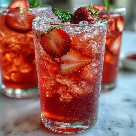 Refreshing non-alcoholic summer drink featuring blended strawberries, zesty lemon, and bubbly sparkling water served over ice with fruit garnish.