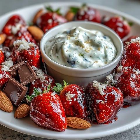 A colorful Galentines snack board with leftover strawberries, creamy yogurt dip, and assorted dippers arranged for easy sharing.