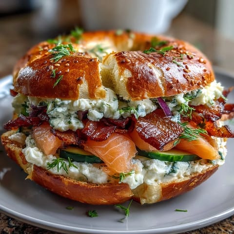 Cottage cheese bagels topped with smoked salmon, cream cheese, and fresh cucumber slices on a wooden board.