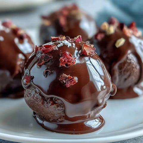 Luxurious Dubai-style strawberry truffles with a glossy dark chocolate shell, garnished with pistachios and rose petals.