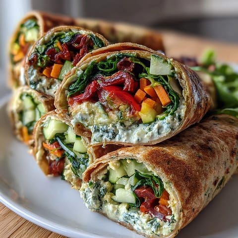 Rainbow veggie wraps packed with crisp cucumbers, purple cabbage, and creamy hummus, perfect for a nutritious on-the-go meal.