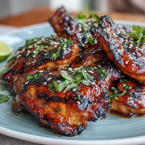 Juicy honey sriracha grilled chicken thighs with caramelized glaze and fresh cilantro garnish.  
