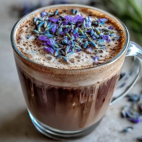 A soothing lavender oat milk latte with floral notes and creamy foam, served in a cozy mug beside a small dish of dried lavender buds.
